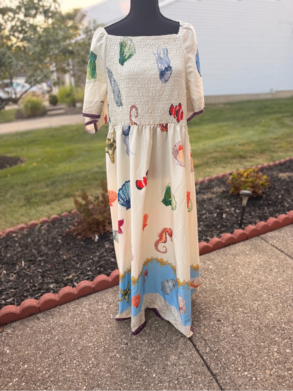 Smocked Cream Beach-Print Maxi Dress